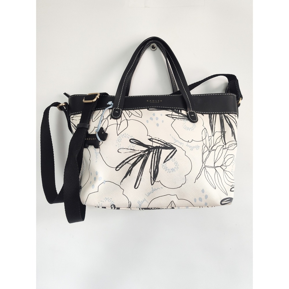 Radley London Satchel Crossbody Bag Linear Floral Scottie Dog Charm Black Sketch